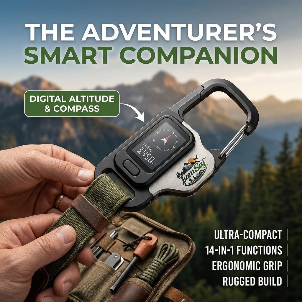 TuenSaj™ 14-in-1 Survival Multi-tool Carabiner with Digital Altimeter & Compass | Rugged Tactical Gear for Hiking, Camping, and Mountaineering | Ultra-Compact & Heavy Duty Adventure Essential