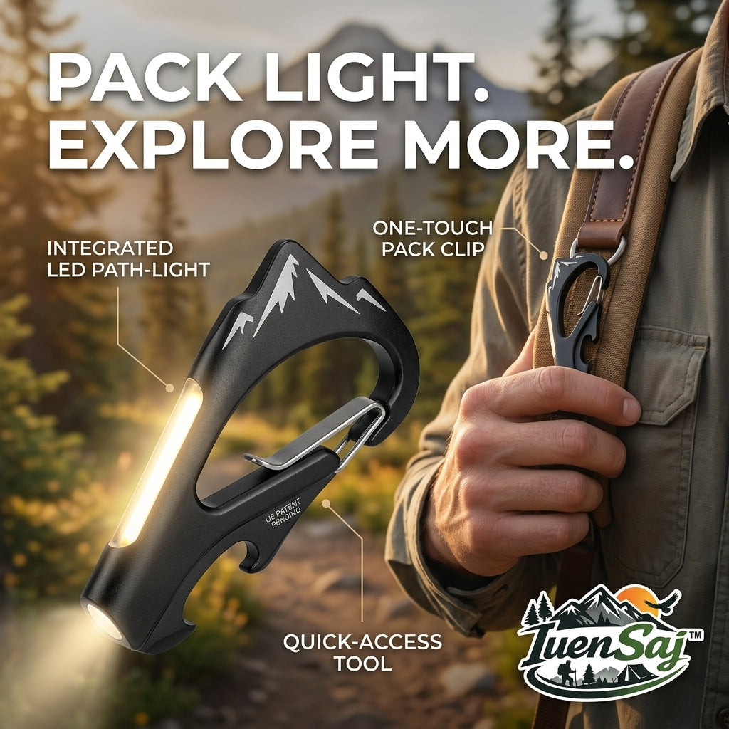 TuenSaj™ 5-in-1 Rechargeable LED Carabiner Multi-Tool - High-Lumen COB Path-Light, Tactical Backpack Clip, Bottle Opener & Survival Gear - Essential for Hiking, Camping, and Night Exploration