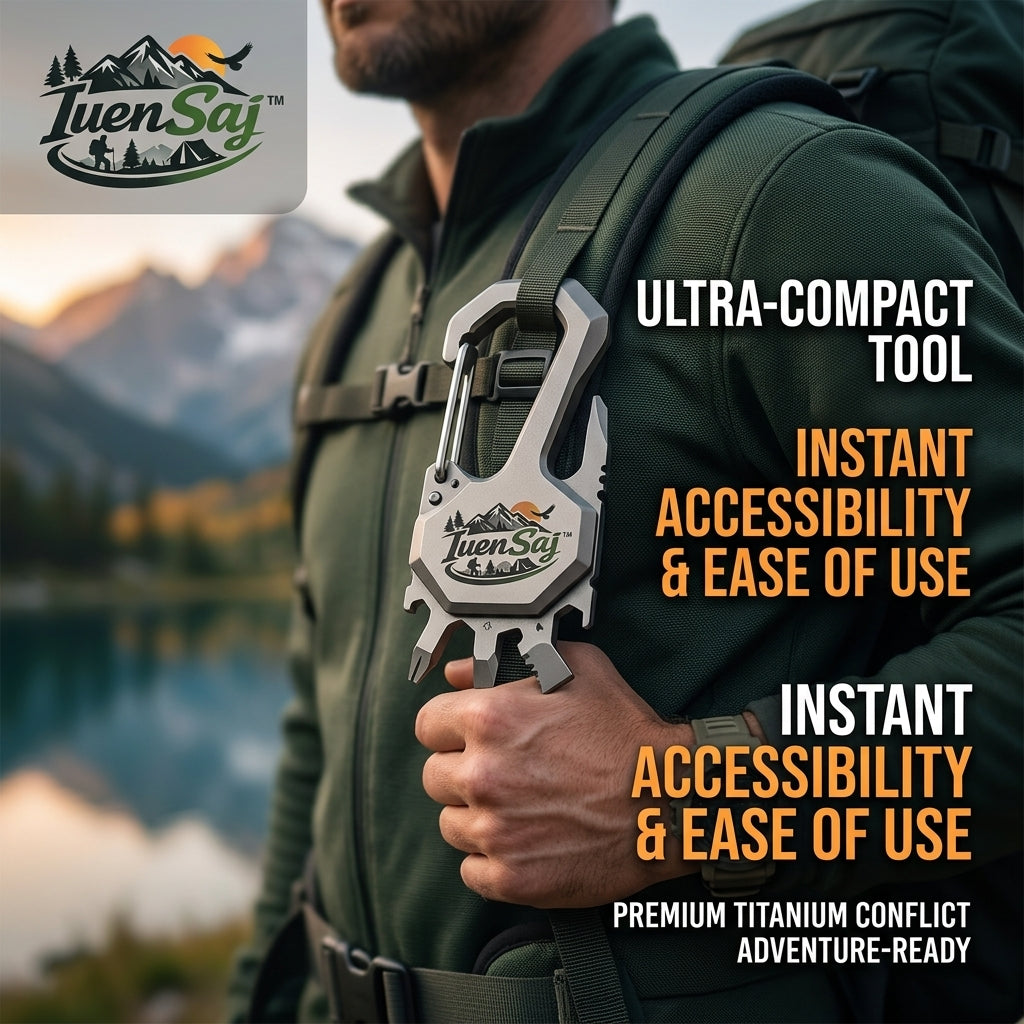TuenSaj™ 20-in-1 Premium Titanium Multi-Tool Carabiner - Ultra-Compact EDC Keychain Tool for Camping, Hiking & Survival - Heavy-Duty Adventure-Ready Tactical Gear