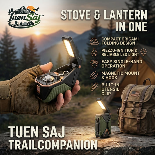 TuenSaj™ TrailCompanion - 2-in-1 Portable Camping Stove & LED Lantern | Compact Origami Folding Design | Magnetic Mount & Piezo Ignition | Essential Backpacking & Survival Gear